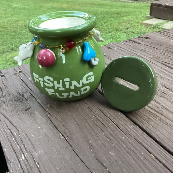 Repurposed Ceramic “Fishing Fund” Coin Jar Candle 11oz Leather Scent - Picture 1 of 5